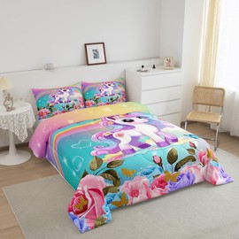 Cartoon Unicorn Kids Comforter Set Twin Size,Roses Flowers Butterfly Princess Bedding Set,Girls Women Room Decor,Rainbow Unicorn Cute Down Comforter,Pink Blue Romantic Duvet Insert,1 Pillowcase