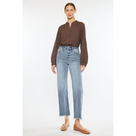 Kan Can Women's High Rise Slim Wide Leg Jeans (US, Numeric, 7, Regular, Regular, Blue)