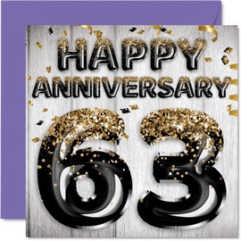 Awesome 63rd Anniversary Card for Husband Boyfriend Wife Girlfriend - Black Gold Glitter Balloons - Happy 63 Anniversary Cards from Family, 5.7 x 5.7 Inch Greeting Cards for Sixty-Third Anniversaries