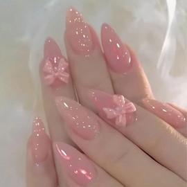 ANDGING Almond Nude Pink Press on Nails Short Medium Fake Nails with 3D Bow Designs Fantasy Glue on Nails for Women Acrylic Stick on Nails for Wedding Gel False Nails Manicure Classy Pressons Nails