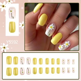 Press on Nails Medium Short Square Nude Yellow White Flower French Tip Fake Nails Short with Designs Full Cover False Nails Square French Tip Glue on Nails CuteAcrylic Thick Stick on Nails for Women Nails Art 24Pcs YS592