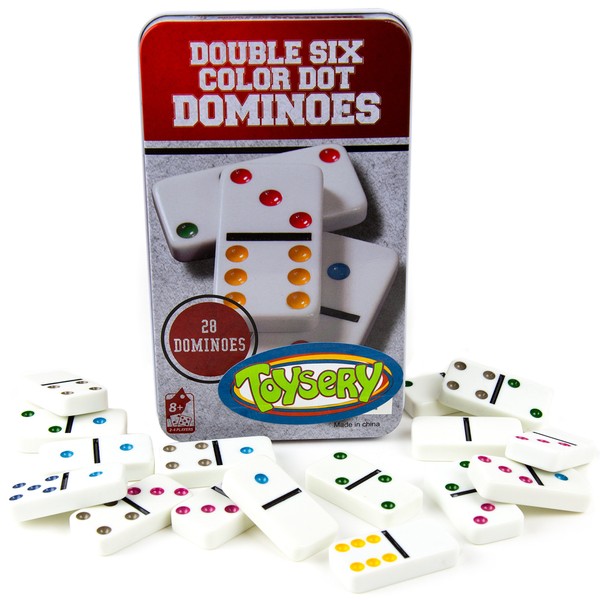 Toysery Double 6 Color Dot Dominoes Game Set - White Domino Sequence Match Board Game – Large Sized 28 Pieces Set Toy in Tin Case – Professional Six Colored Dominoes Educational Game for Kids
