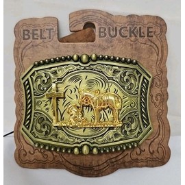 Unbranded Western Belt Buckle Gold Tone Praying Cowboy Kneeling At Cross Antique Bronze