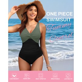 Holipick Green and Black Women Tummy Control One Piece Swimsuit - Push Up Bathing Suit Full Coverage Slimming Swimwear XL