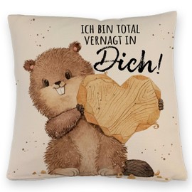 speecheese Flannelette Cushion with Linen Look with Saying Ich Bin Totallvernagt in Dich Liebevolle Partner Romance Valentine's Day Gift Rodent Love Messenger