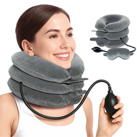 LuxoCare Adjustable Cervical Traction Device - Neck Support Pillow with Eye Mask, Neck Brace Neck Pain and Support, Travel Pillow for Camping, Car, Office (Gray)