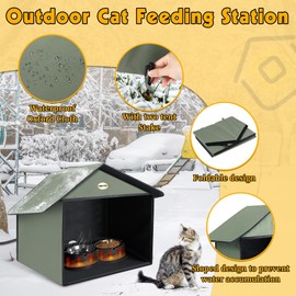 Dreyoo Outdoor Cat Feeding Station with Heated Cat Water Bowl, Weatherproof Kitty Dining Room Outdoor with Heated Pet Bowl for Food and Water, Feral Cat Feeding Station Cat Shelter (Black)
