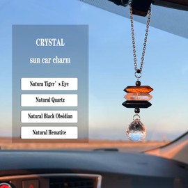 Crystal Hanging Car Charm,Cute Healing Stones Car Decor for Rear View Mirror,Boho Handmade Sun Catcher Ornament Accessories,Tiger Eye Black Obsidian Hematite Quartz Crystal Protection for Women