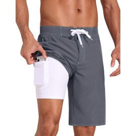Nonwe Men's Board Shorts Retro Breathable Relaxed Fit 2 in 1 Swim Trunks with Drawstring Gray 36