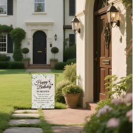 Happy Birthday in Heaven Garden Flags Funeral Remembrance Cemetery Decoration 12x18 inch Funeral Memorial Flags Happy Heavenly Birthday Banner - Double Side