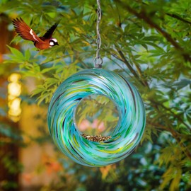 Yinns Mosaic Bird Feeders for Outside Hanging Fly Through Bird Feeder with Round Shape Solar Birdfeeder for Yard Garden Decor