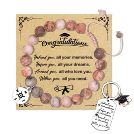 2025 Graduation Gift for Her Him Graduation Bracelet Inspirational College High School Gifts Graduation Keychain for University College Middle High School Student (Pink Zebra Jasper)