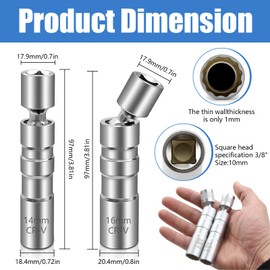 Spark Plug Socket Removal Tool, 14mm & 16mm 360 Degree Magnetic Swivel Spark Plug Socket, 3/8" Drive 12 Point Standard Thin Wall Swivel Spark Plug Socket for Motorcycle, Car, SUV