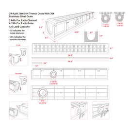 Natotela Channel Drain with 304 Stainless Steel Grate-39.4Lx6.1Wx5.5H in. Deep Profile Trench Drain System for Landscaping,3 Pack Total Length 118.2in,A15 Drainage System for Patio Commercial