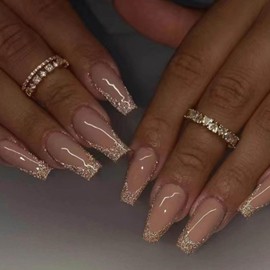 DANMANR Long Press on Nails Square French Fake Nails Full Cover Nude Acrylic False Nails for Women and Girls 24PCS (Gold Shiny)