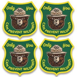4-PackGreen Shield Shaped Smokey Bear Only You Can Prevent Wildfires Sticker (Forestry Camp Hike Vinyl Decal Smoky Vinyl Decal for car Truck or Laptop (1.5 inch)
