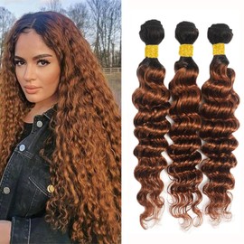 Rostationa 1B/30 Ombre Brown Human Hair Bundles Deep Wave 3 Bundles 16 18 20 Inch Brazilian Hair (1B/30-DP-16 18 20)