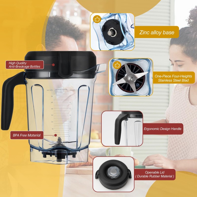 JUBAOPEN Upgraded For vitamix replacement pitcher 64oz Low-Profile, compatible with