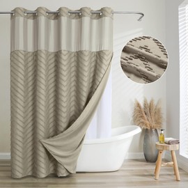 No Hook Shower Curtain with Snap-in Fabric Liner Set, Translucent Top Window, No Hooks Required, Hotel Style Cloth Shower Curtains for Bathroom, 72"x 75" (Curry)