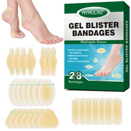 MYMULIKE 28 Count Blister Bandages, Waterproof Blister Pads for Feet 5 Shapes, Blister Prevention Recovery for Heels Toes Rubbing