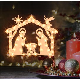JUSTPRO Christmas Window Silhouette Lights, Lighted Nativity Double Sided Decorations with 50 Count Incandescent Mini Light, for Holiday Indoor Wall Door Glass Decor