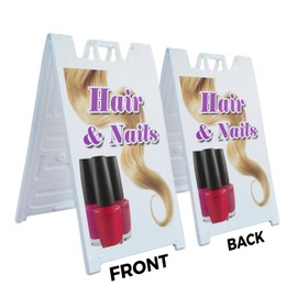 A-Frame Sidewalk Hair & Nails 24" x 36" Double Sided A-Frame Sidewalk Sign, Includes 2 Installed Vinyl Decals | Foldable Portable White Signicade Sandwich Board Signs