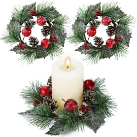FineCheer 2 Pcs Apple Red Berry Candle Ring Pillar Wreaths Candle Rings Christmas Winter Ring 6 Inch Center for Christmas Holiday Kitchen Home Table Centerpiece Indoor Outdoor Display