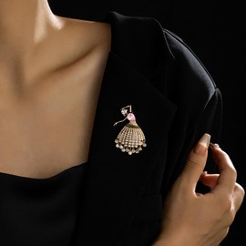 Luxury Pearl Ballet Dancer Brooch for Women Rhinestone Diamond Encrusted Ballet Brooches 14K Gold-Plated Lapel Pin Elegant Jewelry for Wedding Dinner Christmas Gift