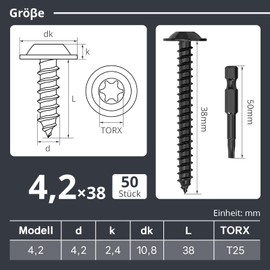 Dayalo Pack of 50 self-tapping screws, 4.2 x 38 mm, black, stainless steel flat head with disc Torx screws, self-tapping screws, drilling screws, wood screws, lens head, fully threaded, with drill