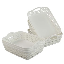 HOMMP White Plastic Woven Storage Basket Tray with Handle, 6 Pack (Small)