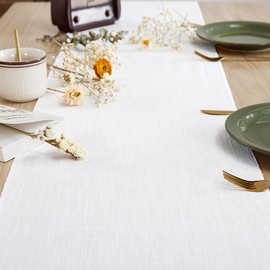 Aoztio Linen Style Rustic Table Runner, Farmhouse Cotton Linen Table Runner, Boho Table Runners 108 Inches Long with Hand Tassels for Home Tabletop Decor and Everyday Use - White, 108 Inch