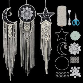 FREEBLOSS 3 Set Moon and Star Macrame Kit Star Moon Dreamcatcher with Video Instructions Macrame Wall Hanging DIY Boho Wall Art Macrame Wall Decoration for Bedroom Beginners