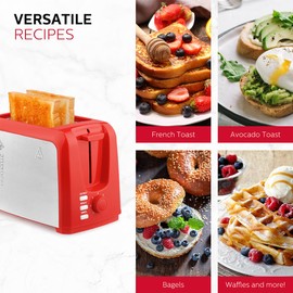 Holstein Housewares - 2-Slice Toaster with 7 Browning Control Settings, Red/Stainless Steel - Great to Toast Bread, Bagels and Waffles