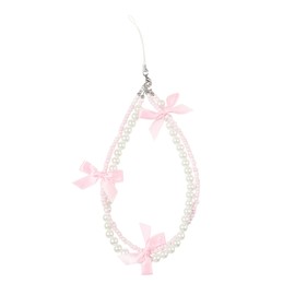 Reownest Phone Charm Bracelet - Cute Bowknot Chain Pearl Beaded Aesthetic Universal Cell Phone Lanyard Wrist Strap Keychain Accessories for Bag Camera Pendants Decor -Pink + White
