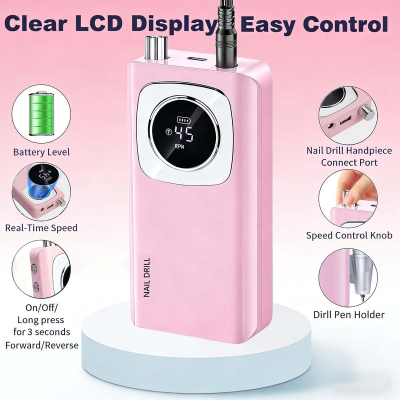 Professional Electric Nail Drill 45000RPM, Portable Rechargeable Electric Nail File
