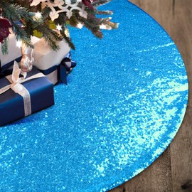 yuboo Teal Blue Christmas Tree Skirt, 48 Inch Sequin Double Layers Tree Mat for Turquoise Christmas Decorations