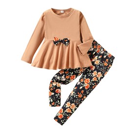 GOLLUNER Kids Toddler Girls Clothing Set Long Sleeve Top With Bowknot ＋Floral Print Pants 2 Pcs Fall Outfits Set(4-5T)
