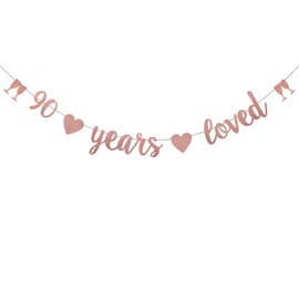 WEIANDBO 90 Years Loved Rose Gold Glitter Banner,Pre-Strung,90th Birthday /