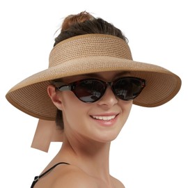 Creekstone Sun Visor Hats for Women Straw Visor Wide Brim UV Protection Packable Summer Beach Hat Ponytail Travel UPF 50+ (US, Alpha, One Size, Khaki)