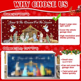 Tingjoo Christmas Nativity Garage Door Banner Cover 16 x 7 ft Large Christmas Garage Door Decorations Jesus is The Reason for The Season Red Buffalo Plaid Background for Photo Christmas Party Outdoor