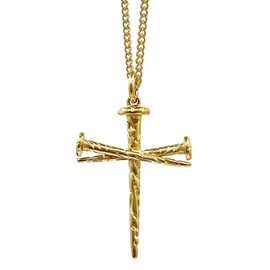 Shields of Strength Men's 14K Gold Plated and Stainless Steel Nail Cross Pendant Necklace John 19:30 Bible Verse - Christian Faith Jewelry Gifts Chain