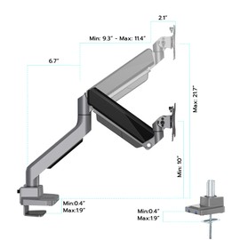 ARES WING Single Monitor Arm, Heavy Duty Adjustable Monitor Arm for 17"-45" Screens with USB, Gas Spring Desk Mount Stand with C Clamp/Grommet Mounting Base up to 40lbs Computer, Gray