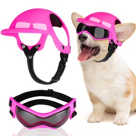 SlowTon Dog Helmet and Goggles - UV Protection Doggy Sunglasses Dog Glasses Pet Motorcycle Helmet Hat with Ear Holes Adjustable Belt Safety Hat for Small Medium Large Dogs Puppy Riding (Pink, S)