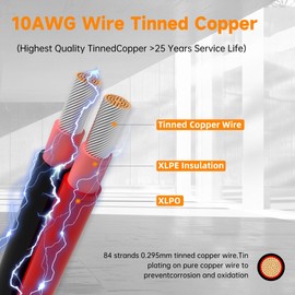 TAPURUB 10AWG PV Wire Solar Panel Extension Cable 2 * 30FT 6mm Tinned Copper with IP68 Waterproof Connector for Solar Photovoltaic Boat Marine RV Outdoor -10Gauge (Black & Red) UV Resistant