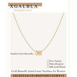 XGALBLA Dainty Initial Necklace Butterfly Pendant Necklace, 18K Gold Plated Stainless Steel Butterfly Letter Dainty Necklaces Jewelry Birthday Gifts for Women(N)