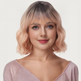Luxiremi Wigs Ombre Orange Short Curly Wavy Wig Bob with Fringe Synthetic Hair Cosplay Wig for Women