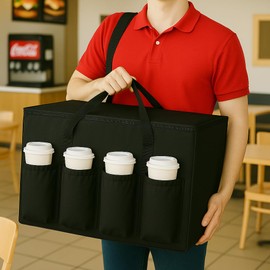 musbus 1Insulated Food Delivery Bag with Cup Holders/Drink Carriers Premium XXL, Great for Beverages, Grocery, Pizza, Commercial Quality Hot & Cold, Black (014)