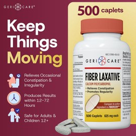 GeriCare Fiber Laxative - 625mg Calcium Polycarbophil Supplement - Gentle Effective OTC Relief for Constipation and Hemorrhoids - Insoluble Fiber Caplets (500 Count)