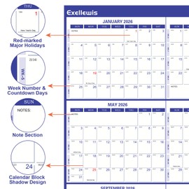 2026 Wall Calendar 24" x 36", 12 Months from January to December, Dry Erase Large Annual Yearly Planner, Horizontal/Vertical Calendar for Easy Planning, Organizing (indigo)