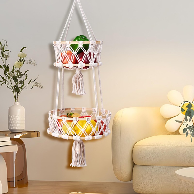 Jilskl Fruit Hanging Basket, Vegetable Basket, 2 Tier Hanging Fruit